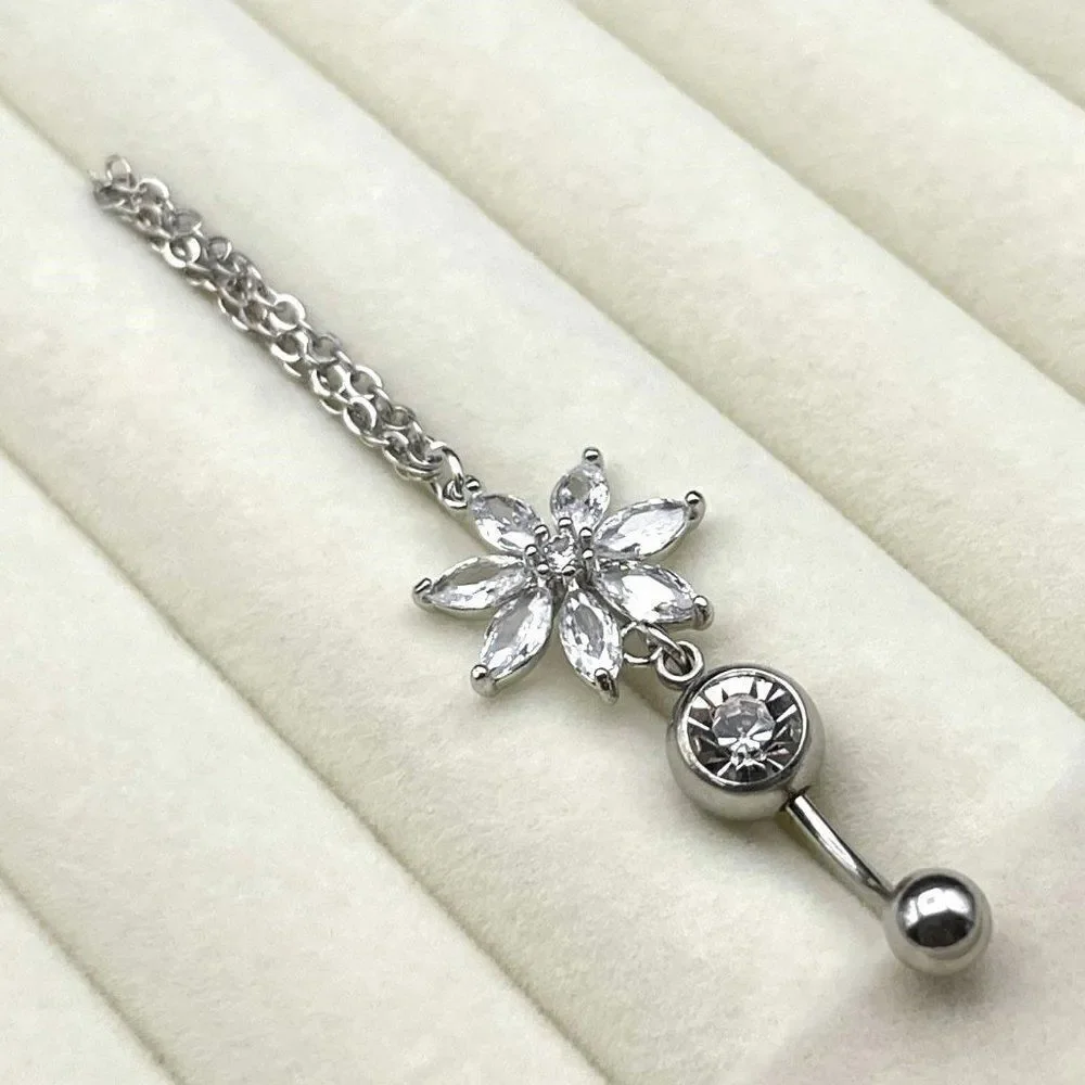 316L Stainless Steel with White Diamond Cubic Zirconia Flower 14G Belly Ring